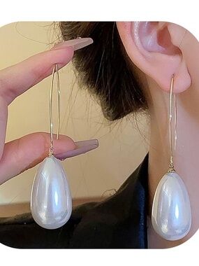 Elegant White Teardrop Pearl Dangle Earrings - Gold Hooks